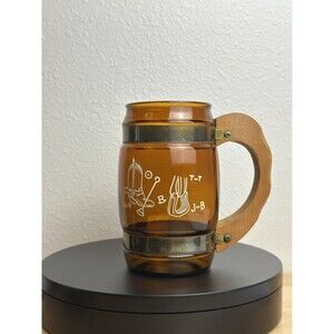 Siesta Ware Amber Brown Barrel Glass Mug Wood Handle Cowboy Boot Stirrup Vintage